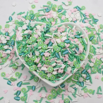  100 г / лот 5 мм Киви с зелеными листьями Смесь розовых сердец Кусочки глины Посыпка для украшения слайма Поделки