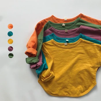 100% хлопок Базовая детская футболка 2021 Весна Осень Новые корейские конфеты Рубашки с длинным рукавом Повседневная свободная блузка WTB49