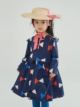 100% хлопок высокое качество платья для девочек с полным рукавом 2022 весна осень темно-синяя геометрия с принтом Kawaii Детская одежда