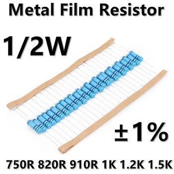  (100 шт.) 1/2 Вт Металлический пленочный резистор 1% пятицветный кольцевой прецизионный резистор 750R 820R 910R 1K 1.2K 1.5K