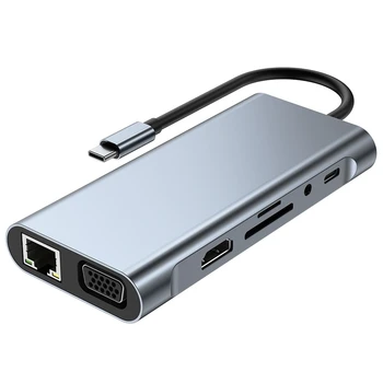 11 В 1 Док-станция типа C USB Hub 3.0 Разветвитель Многопортовый адаптер 4K HDMI-совместимый RJ45 SD/TF VGA PD Аудиоразъем Ethernet