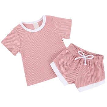 2 шт. Летний комплект одежды для девочек Корейский повседневный Симпатичный розовый хлопок с коротким рукавом + шорты Одежда для новорожденных Детская одежда BC1922