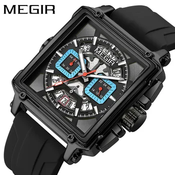 2023 MEGIR Square Dial Спортивные кварцевые часы Мужские модные водонепроницаемые светящиеся наручные часы с хронографом Дата Синий силиконовый ремешок