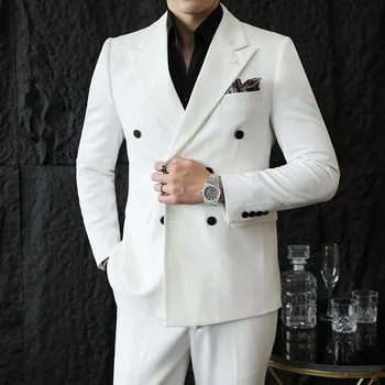 2023- Бутик (блейзер + брюки) Мужская мода Бизнес Формальный двубортный джентльмен Slim Fit Повседневный свадебный набор из 2 предметов S-7XL
