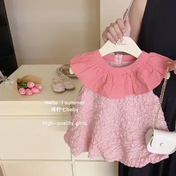 2023 Летнее детское платье Сладкий милый розовый Корейский стиль Оборки Край Стиль принцессы Без рукавов Мода Новый дизайн для девочек