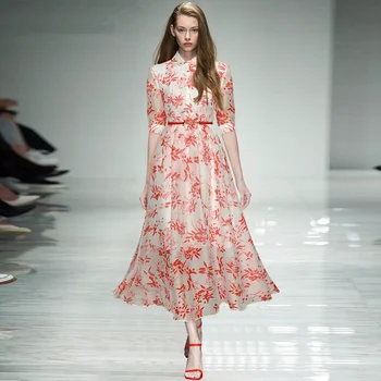 2023 Мода Подиум Женщины Лето Отложной Воротник С коротким рукавом Однобортные Элегантные платья с цветочным принтом