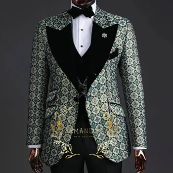 2023 Мода Последние Дизайны Зеленый Цветочный Мужской Костюм Пик Лацкан Мужские Свадебные Костюмы Формальный Жених Вечеринка Смокинг Костюм Homme 3 Pieces