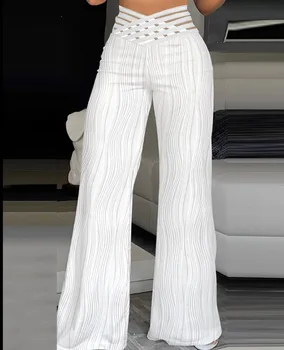 2023 Мода Элегантные широкие штанины Модные офисные брюки Летние повседневные перекрещивающиеся прозрачные сетчатые нашивки с высокой талией Женские расклешенные брюки
