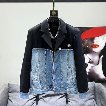 2023 Модный дизайн джинсовый костюм пэчворк пальто Мужская весенняя мода Блейзер Элегантные повседневные свободные куртки Высокое качество Оригинал