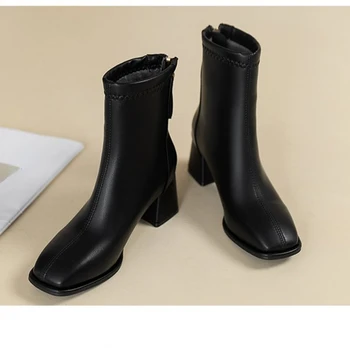 2023 Новые женские короткие сапоги Модные высокие каблуки Молния Теплые сапоги Женская обувь