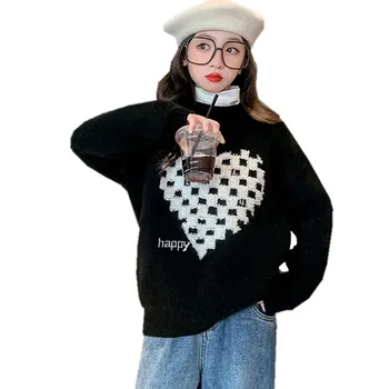 2023 Новый осенне-зимний детский свитер для девочек Корейский стиль Сердечко Узор Детские вязаные топы Мода Подросток Девочки Свитер с о-образным вырезом