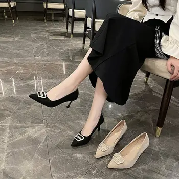 2024 NEW Женские остроконечные высокие каблуки на высоком каблуке Женская обувь большого размера Бархатная квадратная пряжка Сексуальная свадебная обувь Мода