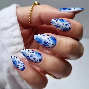 24 шт. Накладные ногти в китайском стиле с синим и белым фарфоровым дизайном средней длины миндальные круглые многоразовые искусственные ногти
