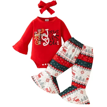 3 шт. Осенние наборы нарядов для девочек Мультяшный милый принт букв Красное боди + расклешенные брюки Рождественская одежда Одежда для новорожденных BC1409
