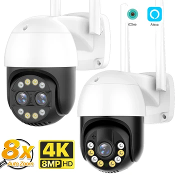 4K 8MP WIFI IP-камера Двойной объектив 8-кратный зум PTZ-камера 1080P HD Наружная охрана Камера видеонаблюдения Автоматическое отслеживание iCSee P2P Наблюдение