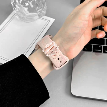 4pcs/set Apple Watch Band Горный хрусталь Цветочный орнамент Металлический ремень Подвески Декоративное кольцо Умные часы Силиконовый ремешок Аксессуар