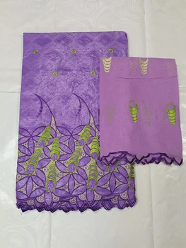 5 + 2 ярда Сенегал Базен Рич Хлопок 2023 Новый фиолетовый дизайн вышивки Африканская кружевная ткань Нигерийские мужчины или женщины Свадебное шитье