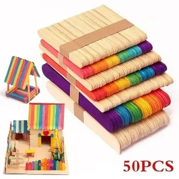 50 шт./лот Цветные деревянные палочки из натурального дерева Палочки для мороженого Дети DIY Инструмент