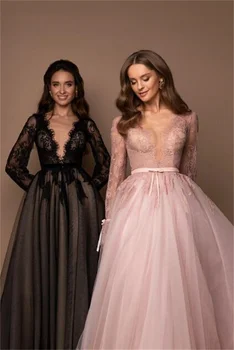 A-Line V-образный вырез тюль макси платье с полными рукавами черный розовый аппликация выпускное платье свадебное гостевое платье с поясом платье на выпускной