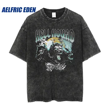 Aelfric Eden Hellhound Wash Tee Harajuku Punk Мужская футболка Уличная одежда 2023 Хип-хоп Оверсайз Винтажная футболка со змеиным принтом Хлопок