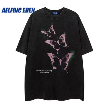 Aelfric Eden Wash Butterfly Graphic Tee Harajuku Retro Streetwear Хип-хоп Футболки с бабочкой Повседневные хлопковые летние футболки с коротким рукавом
