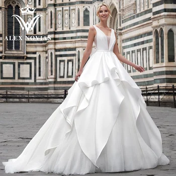 ALEX NOVIAS Атласное свадебное платье Высокое качество 2023 V-образный вырез ОБОРКИ Многоуровневое атласное свадебное платье с рюшами Vestidos Novias De Saten