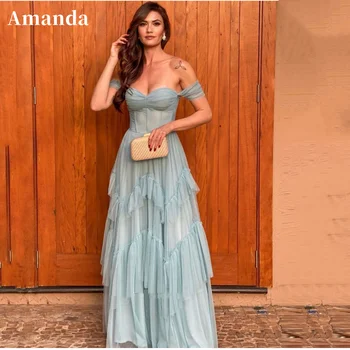 Amanda Sexy Off Shoulder فساتين سهره فاخره 2023 Элегантные многослойные выпускные платья Tull А-силуэта Bule с открытыми плечами Vestidos de Noche