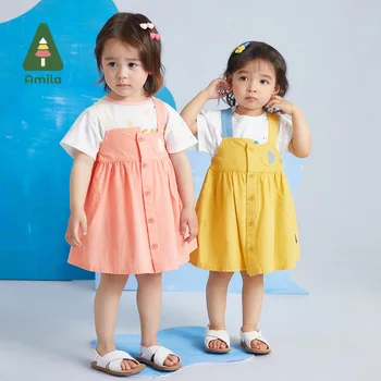 Amila Baby Girl Платье Лето 2023 Новый Милый Ремешок Мода Асимметричный Цветовой Контраст Однотонные Сладкие Детские Платья Спина 0-6Y