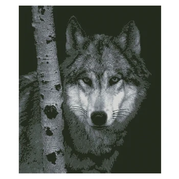 Amishop Высококачественный популярный набор для вышивки счетным крестом The Watcher Guardian Wolf In The Birch Trees Night