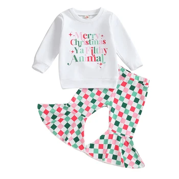 Bmnmsl Девочка 2 шт. Рождественские наряды Толстовка с длинным рукавом + шахматная доска Расклешенные брюки Набор одежды для малышей