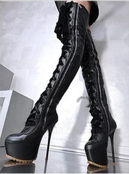 Botas feminina сексуальные туфли на платформе, бедро, высокий каблук выше колена, сапоги на шнуровке, промежность, красная кожа, дождь, ботины, мотоцикл 2018