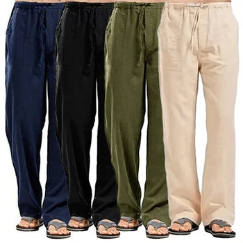 Douhoow Мужские брюки из хлопка и льна Дышащий шнурок Однотонные пляжные брюки Брюки для йоги Мужская одежда Повседневные брюки