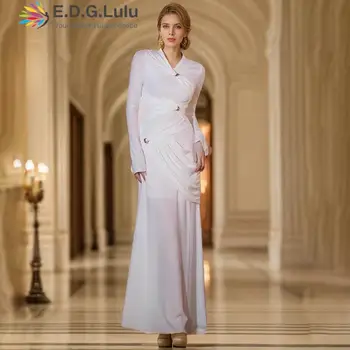 EDGLuLu Осень 2023 V-образный вырез Длинные рукава Элегантные платья для вечеринок для женщин 2023 Дизайн Нерегулярная складка Белое длинное платье Новый 0103