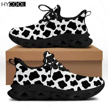 HYCOOL Черная белая обувь с коровьим принтом для женщин Повседневные кроссовки Прочная нескользящая обувь Вулканизированная обувь на шнуровке для девочек-подростков