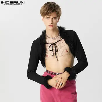 INCERUN Tops 2023 Американский стиль Мужские укороченные плюшевые дизайнерские рубашки Sexy Leisure Allmatch Tie Pp Кардиган Блузка S-5XL