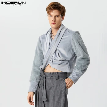 INCERUN Tops 2023 Стильные новые мужские пальто в стиле пэчворк Cross Casual Party Shows Укороченный пушистый блейзер с короткими рукавами S-5XL