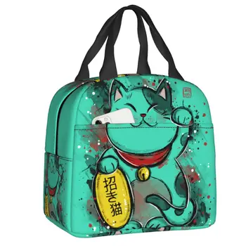 Kawaii Maneki Neko Изолированные сумки для ланча для женщин Lucky Cat Портативный термокулер Bento Box Работа Школа Путешествия