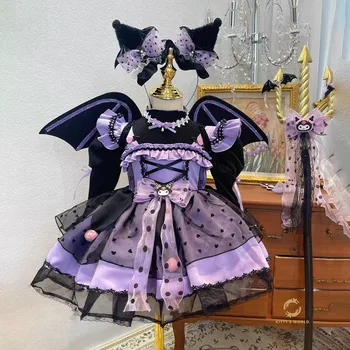 Kawaii Sanrio Kuromi Детское платье Lolita Girls Вечеринка Одежда Мода Печать Галстук-бабочка Принцесса Платья Хэллоуин Подарок на день рождения