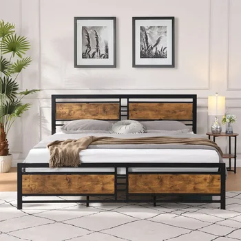 King/Queen/Цельнометаллическая платформа Каркас кровати с деревянным изголовьем и изножьем Сверхпрочный матрас Опора ламелей Бесшумная