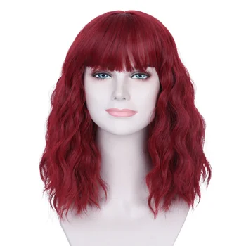 Missuhair Короткий винно-красный парик с челкой для женщин Натуральный боб до плеч Волосы Синтетический волнистый бордовый парик
