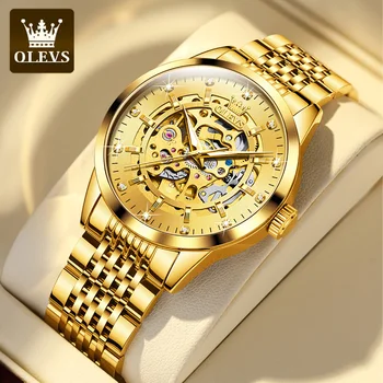 OLEVS Золотые скелетонизированные механические часы Мужская мода из нержавеющей стали Водонепроницаемые светящиеся мужские часы Лучшие бренды Роскошные наручные часы