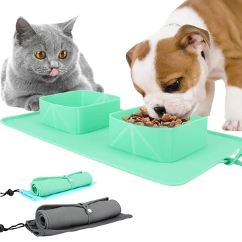  Outdoor Travel Food Container Портативная миска для домашних животных Складные двойные миски Кормушка для воды с фланелевым мешком Силикон для собак и кошек