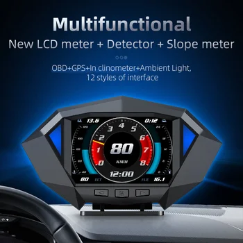 P1 Цифровой HUD Автомобильный проекционный дисплей Бортовой компьютер Часы Измеритель наклона GPS Спидометр OBD2 Диагностические инструменты Комбинация приборов
