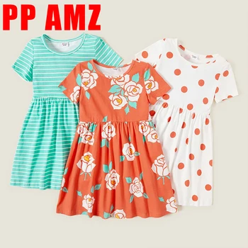 PatPat Набор из 3 платьев с короткими рукавами для девочек с цветочным принтом и горошком