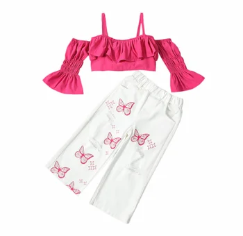 Retail 2023 Новые летние милые модные комплекты для девочек, красная блузка + белые брюки 1-5T