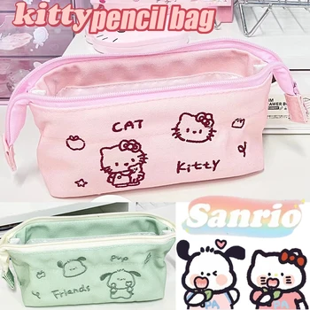 Sanrio Hello Kitty Сумка для карандашей Мультяшный пенал Большая емкость Канцелярские сумки для хранения Студент Kawaii Молния Холст Ручка Сумка
