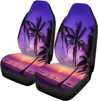 semtomn Набор из 2 чехлов для автомобильных сидений Силуэт пляжных пальм на закате Оранжевая ночь Универсальный протектор передних сидений