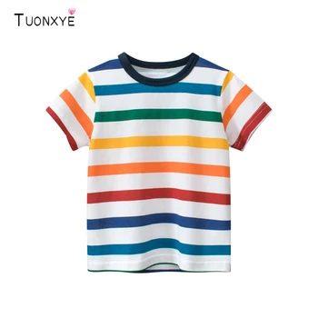 TUONXYE Футболка для мальчиков с коротким рукавом Разноцветные полоски Вязание для малышей Дышащая мягкая повседневная хлопковая детская верхняя одежда