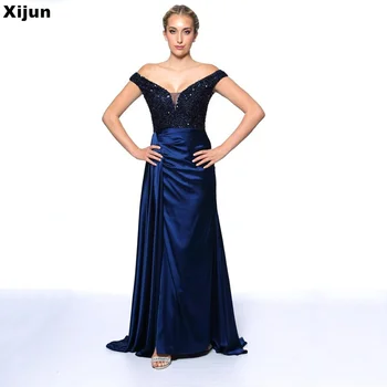 Xijun темно-синий А-образный выпускной платье Элегантный вечерние платья с V-образным вырезом из бисера Особый случай Длина до пола Пятна Платья