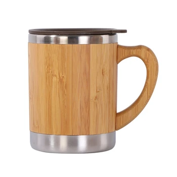 Y1UB Деревенская бамбуковая кофейная кружка с ручкой крышки Термос из нержавеющей стали Чайная чашка для чая латте Шоколадный сок Вода 12 унций